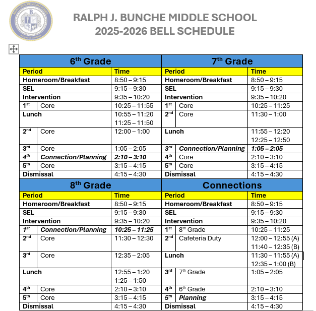  Bell Schedule 2025-2026